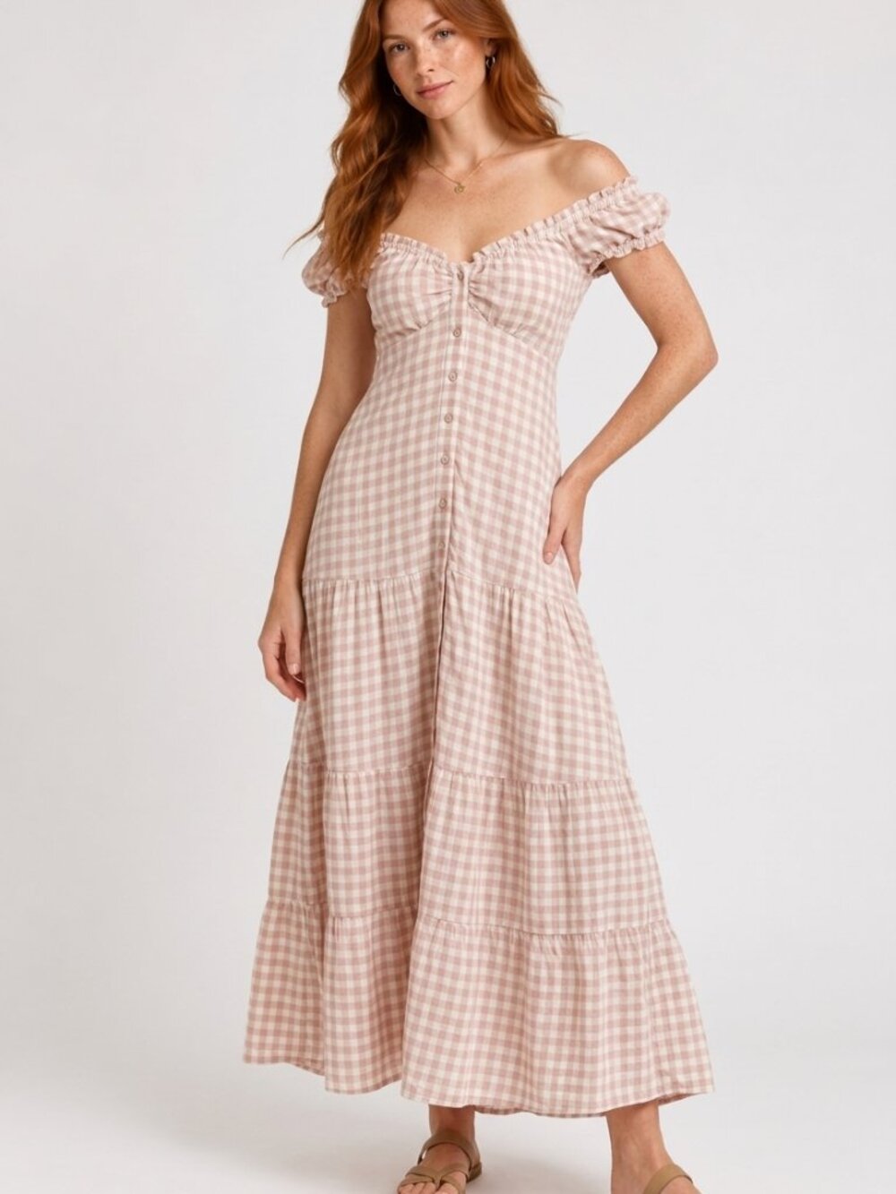 Opia Peach Gingham Ruffle Maxi Dress